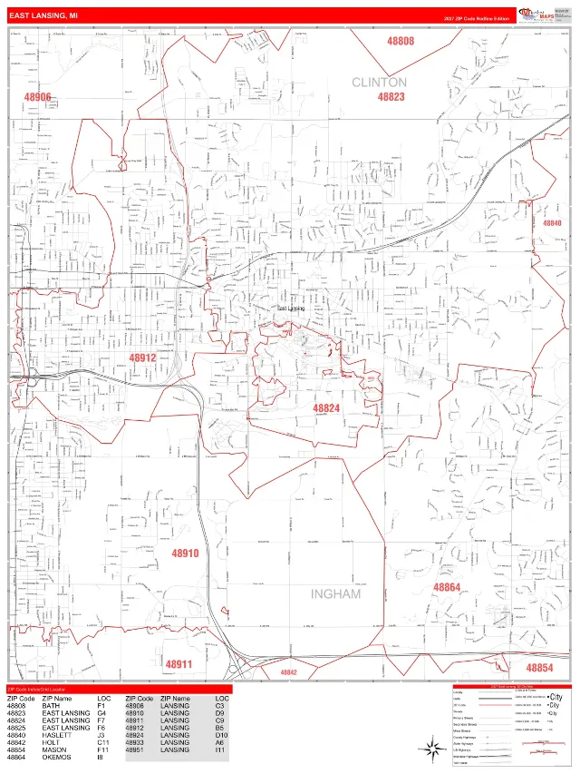 East Lansing, MI ZIP Code Wall Map, RedLine style