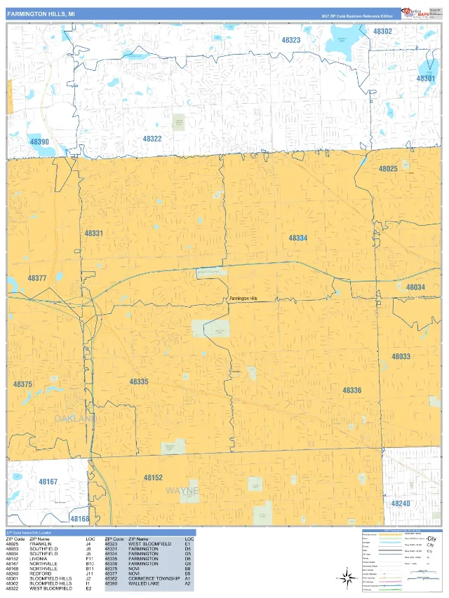 Farmington Hills, MI ZIP Code Wall Map, Business Reference style