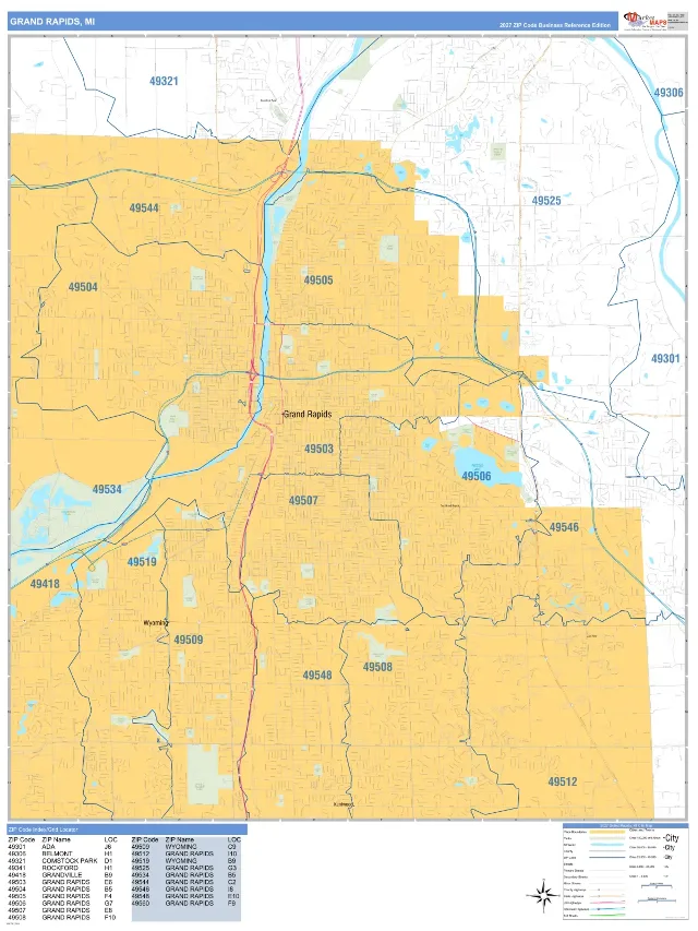 Grand Rapids, MI ZIP Code Wall Map, Business Reference style