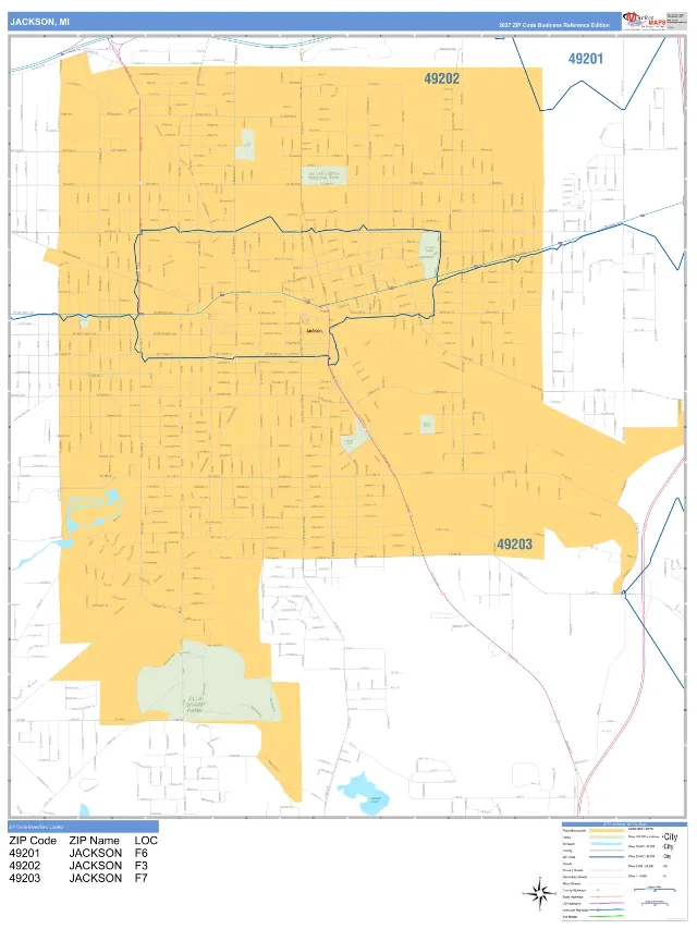 Jackson, MI ZIP Code Wall Map, Business Reference style