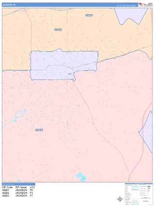Jackson, MI ColorCast style ZIP Code wall map