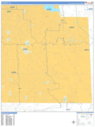 Kentwood, MI Business Reference style ZIP Code wall map