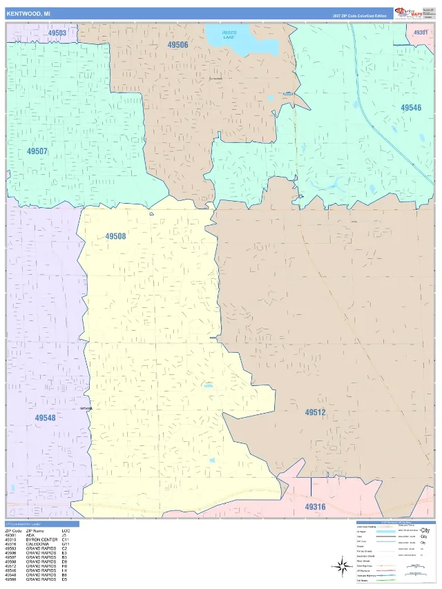 Kentwood, MI ZIP Code Wall Map, ColorCast style
