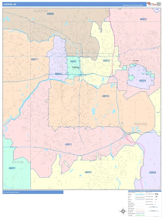 Lansing, MI ZIP Code Wall Map, ColorCast style