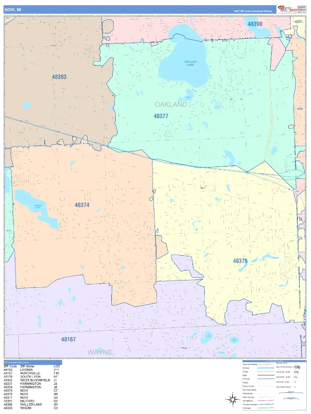 Novi, MI ZIP Code Wall Map, ColorCast style