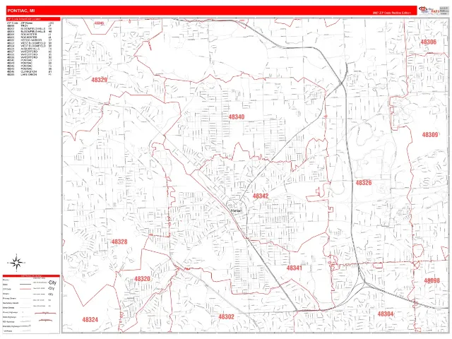Pontiac, MI ZIP Code Wall Map, RedLine style
