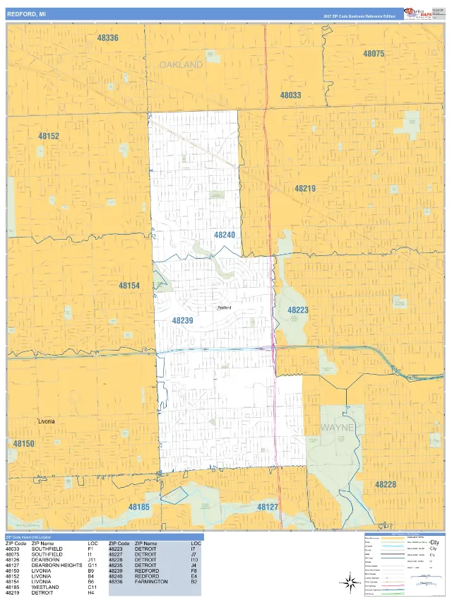 Redford, MI ZIP Code Wall Map, Business Reference style