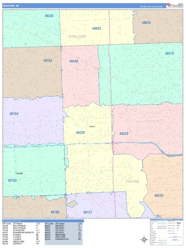 Redford, MI ZIP Code Wall Map, ColorCast style