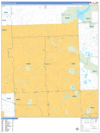 Rochester Hills, MI Business Reference style ZIP Code wall map