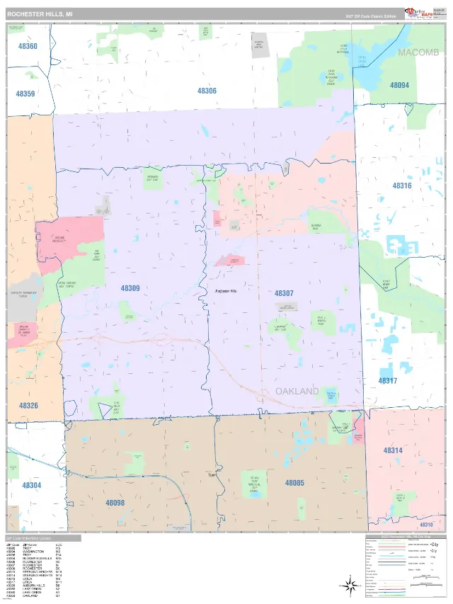 Rochester Hills, MI ZIP Code Wall Map, Classic style