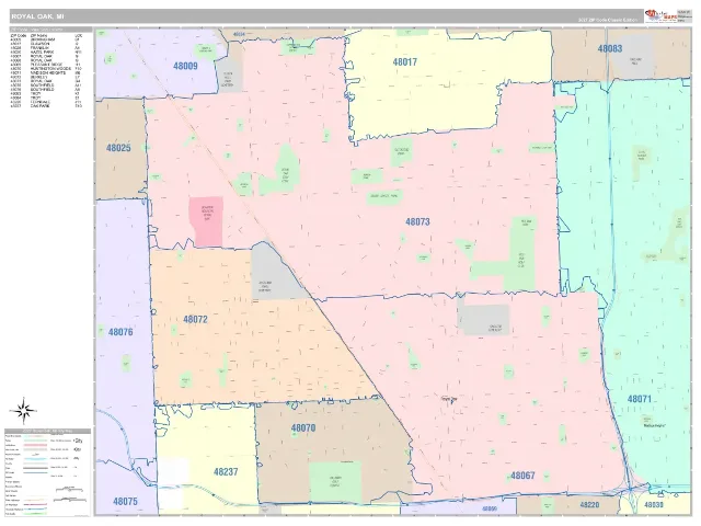 Royal Oak, MI ZIP Code Wall Map, Classic style