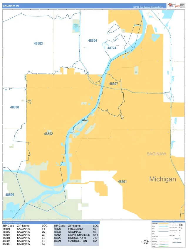 Saginaw, MI ZIP Code Wall Map, Business Reference style