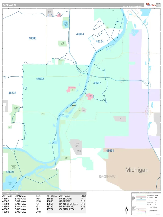Saginaw, MI ZIP Code Wall Map, Classic style