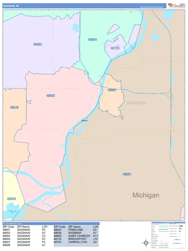Saginaw, MI ZIP Code Wall Map, ColorCast style