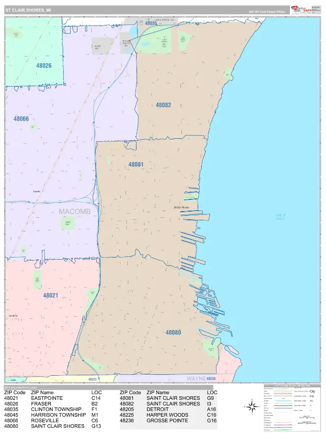 St. Clair Shores, MI ZIP Code Wall Map, Classic style