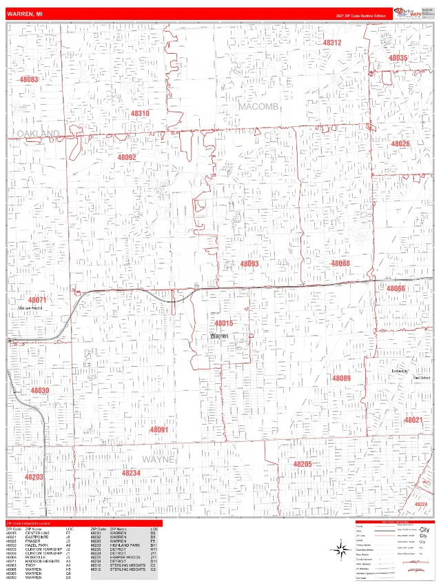 Warren, MI ZIP Code Wall Map, RedLine style