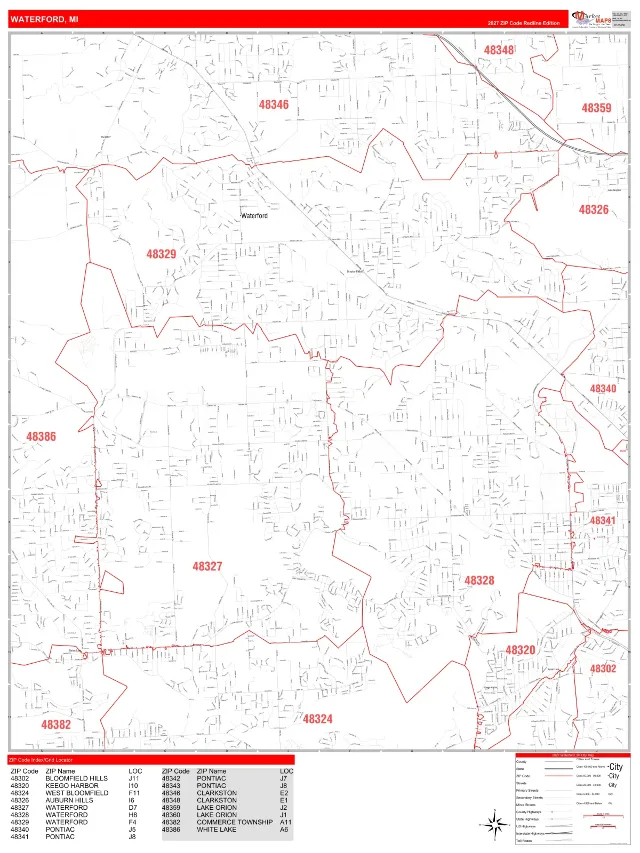 Waterford, MI ZIP Code Wall Map, RedLine style