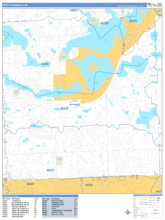 West Bloomfield, MI ZIP Code Wall Map, Business Reference style