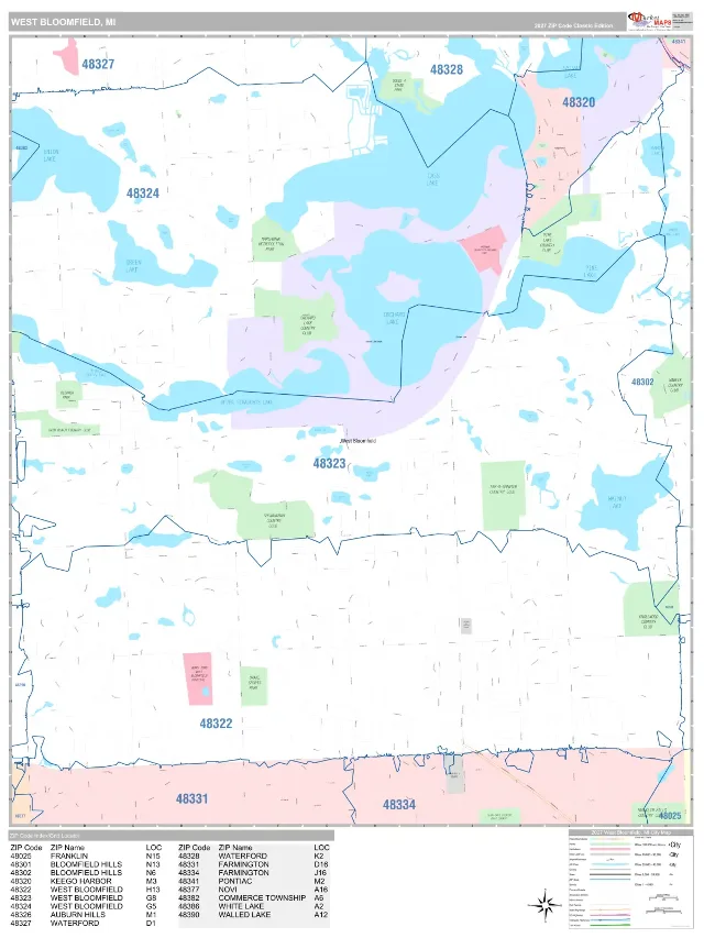 West Bloomfield, MI ZIP Code Wall Map, Classic style