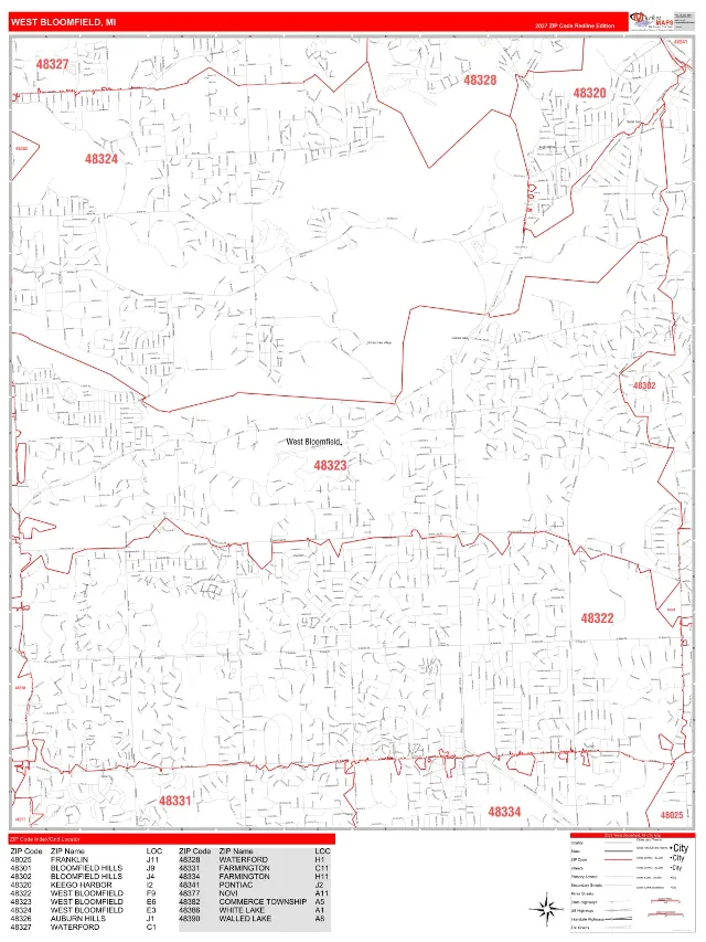 West Bloomfield, MI ZIP Code Wall Map, RedLine style