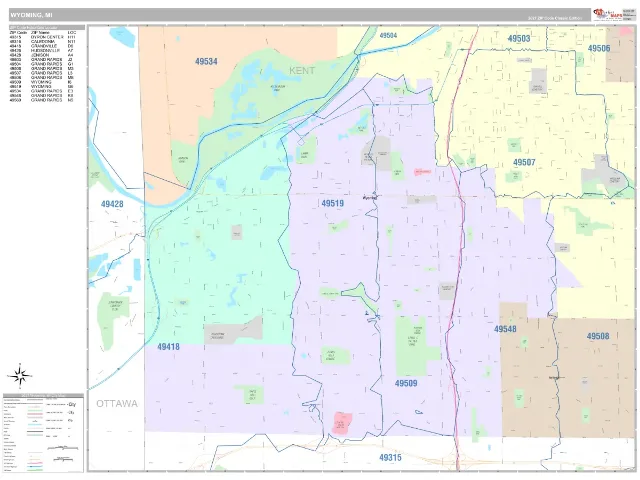 Wyoming, MI ZIP Code Wall Map, Classic style