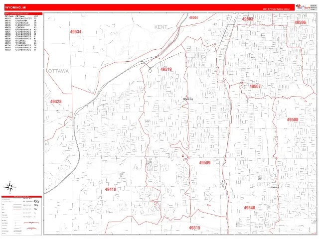 Wyoming, MI ZIP Code Wall Map, RedLine style