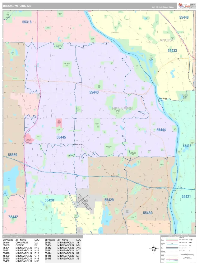 Brooklyn Park, MN ZIP Code Wall Map, Classic style