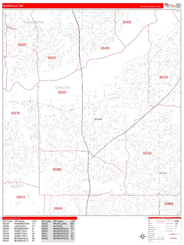Burnsville, MN ZIP Code Wall Map, RedLine style