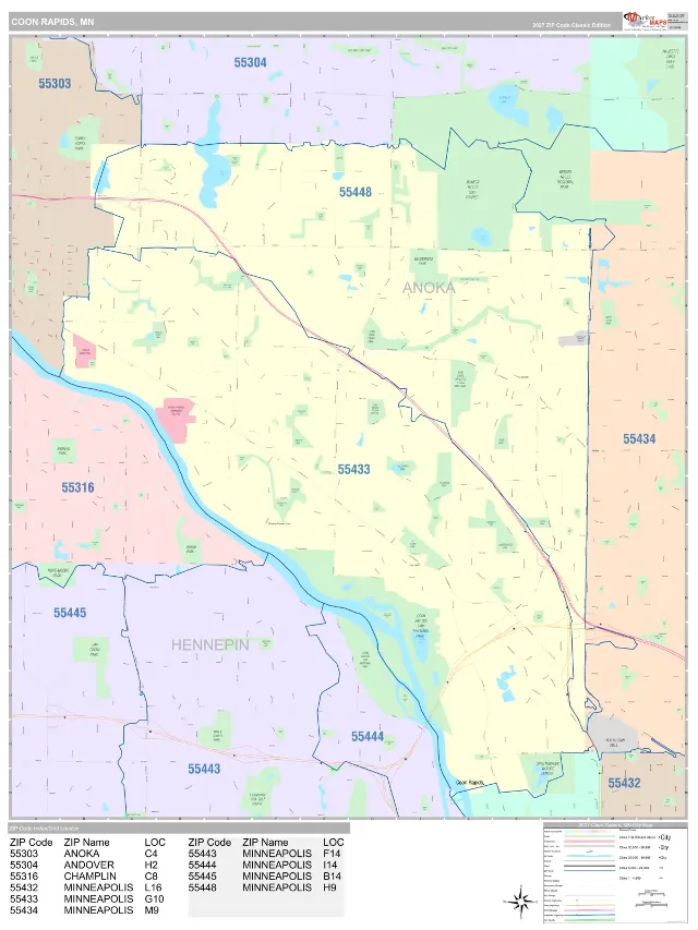Coon Rapids, MN ZIP Code Wall Map, Classic style