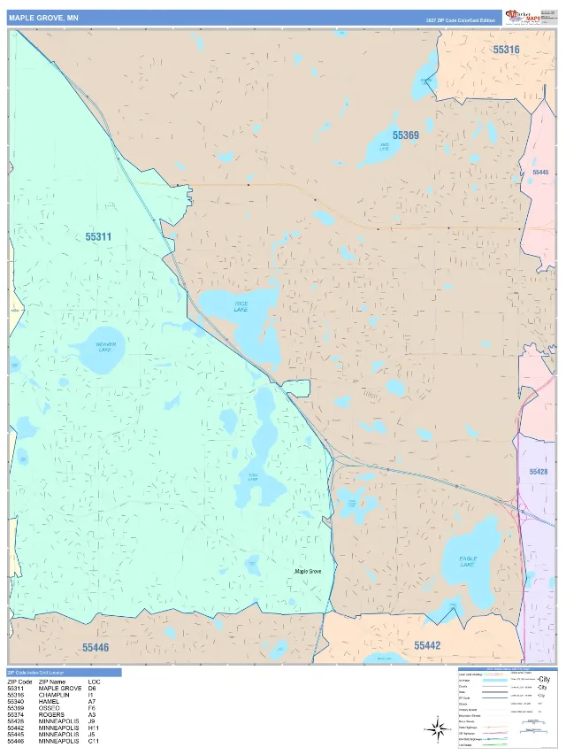 Maple Grove, MN ZIP Code Wall Map, ColorCast style