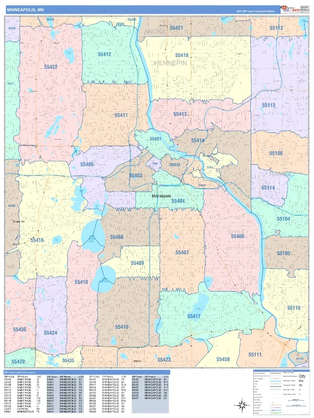 Minneapolis, MN ZIP Code Wall Map, ColorCast style