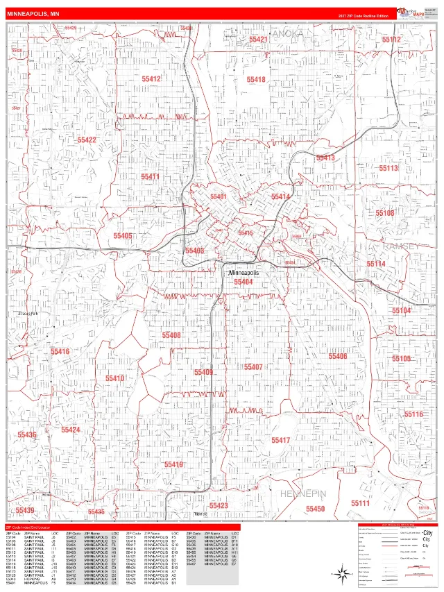 Minneapolis, MN ZIP Code Wall Map, RedLine style