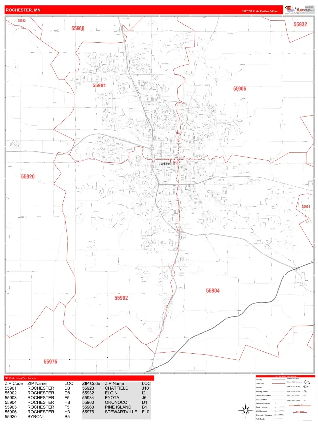 Rochester, MN ZIP Code Wall Map, RedLine style