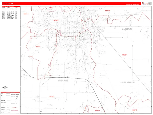 St. Cloud, MN ZIP Code Wall Map, RedLine style