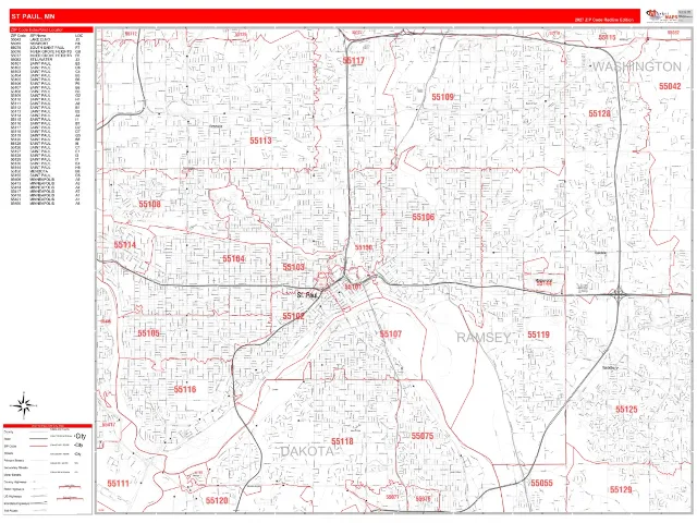 St Paul, MN ZIP Code Wall Map, RedLine style