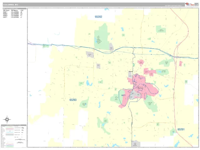 Columbia, MO ZIP Code Wall Map, Classic style