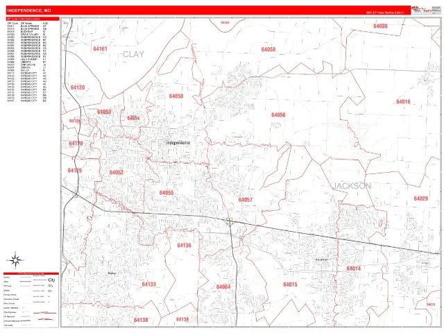 Independence, MO ZIP Code Wall Map, RedLine style