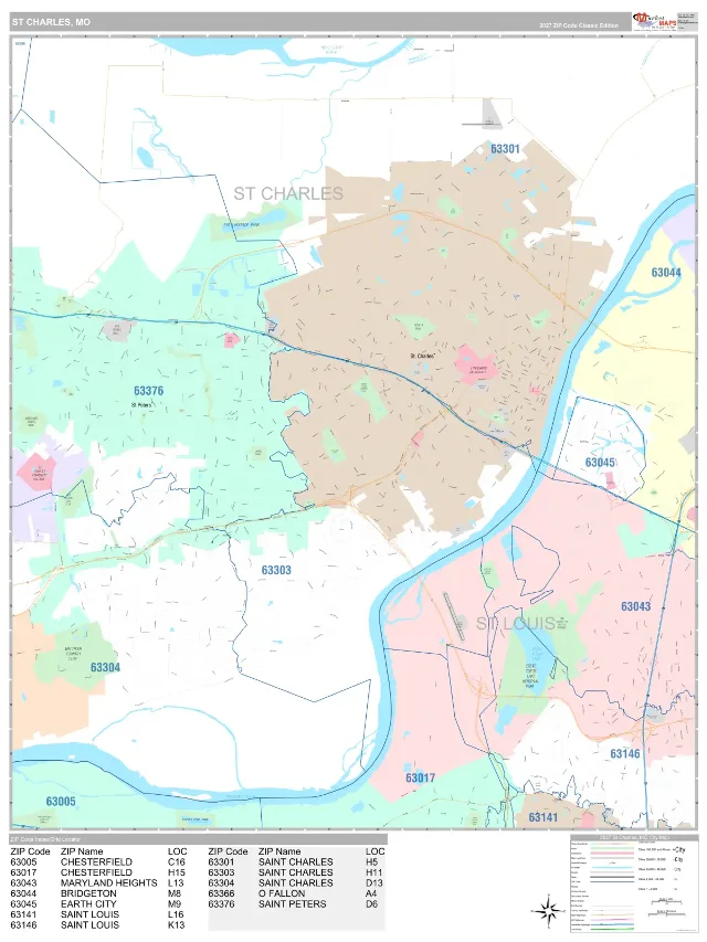 St Charles, MO ZIP Code Wall Map, Classic style