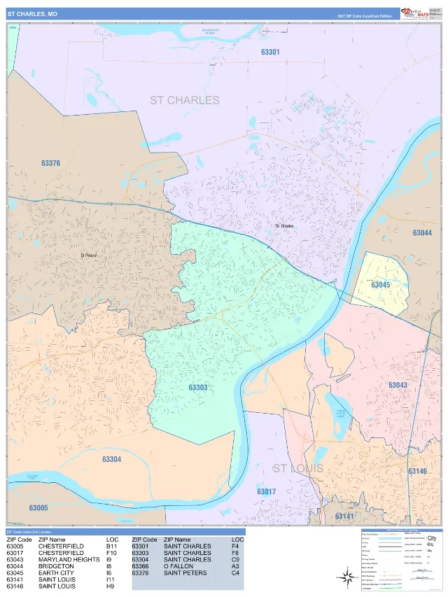 St Charles, MO ZIP Code Wall Map, ColorCast style