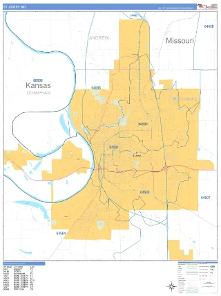 St Joseph, MO Business Reference style ZIP Code wall map
