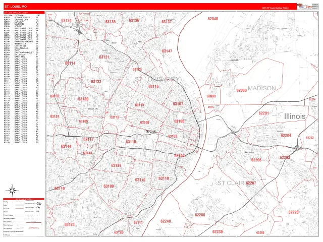 St Louis, MO ZIP Code Wall Map, RedLine style