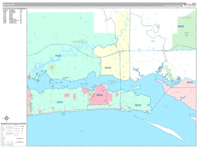 Biloxi, MS ZIP Code Wall Map, Classic style