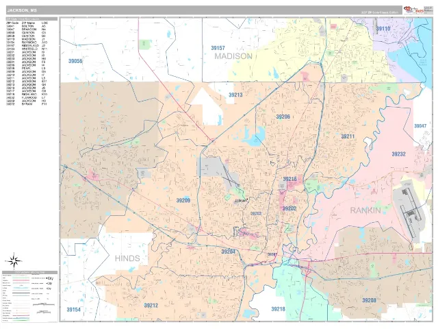 Jackson, MS ZIP Code Wall Map, Classic style