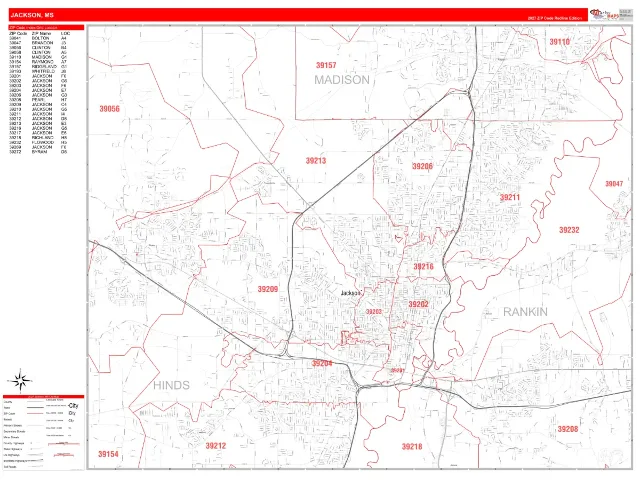 Jackson, MS ZIP Code Wall Map, RedLine style