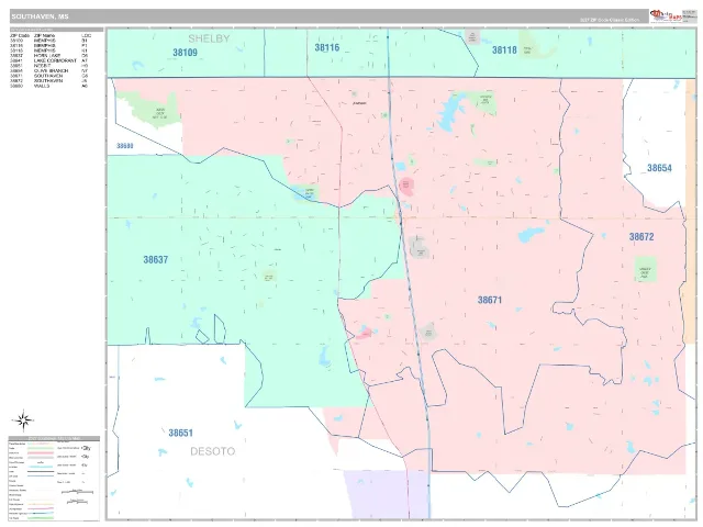 Southaven, MS ZIP Code Wall Map, Classic style