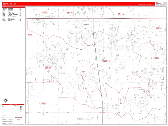 Southaven, MS ZIP Code Wall Map, RedLine style