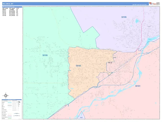 Billings, MT ZIP Code Wall Map, ColorCast style