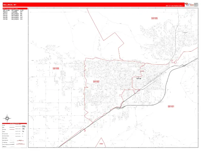Billings, MT ZIP Code Wall Map, RedLine style