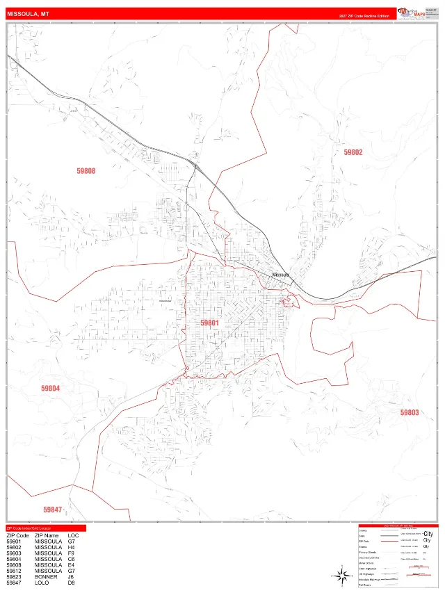Missoula, MT ZIP Code Wall Map, RedLine style