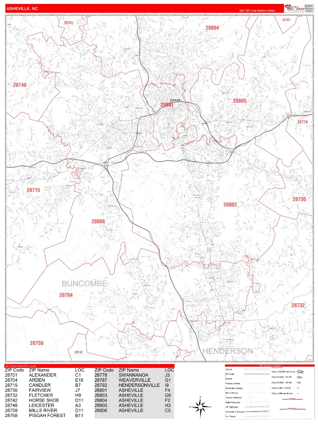 Asheville, NC ZIP Code Wall Map, RedLine style